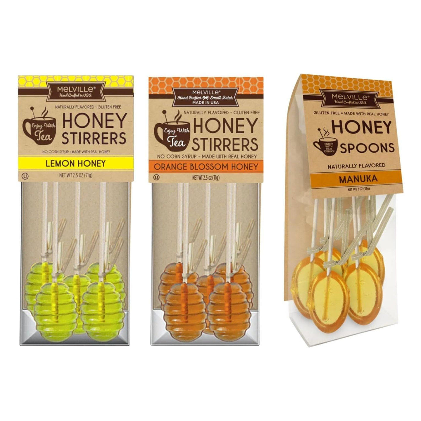 Melville Honey Spoon Bundle Pack of 3 Flavors - Honey Dipper, Manuka, Lemon, Orange Blossom - 15 Honey Spoons For Tea - Delicious Candy Spoons - Hard Candy Honey Spoons Lollipop On Wooden Ball Sticks