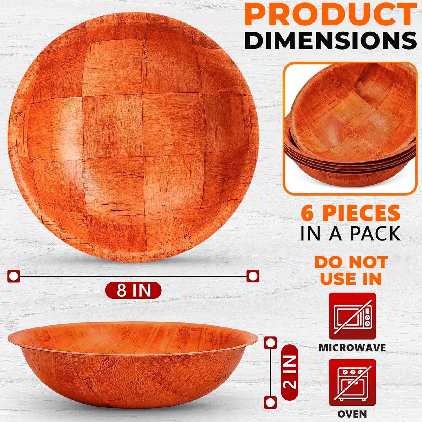 6Pcs Wooden Salad Bowl Set - 8 Inch Decorative Large Serving Bowls for Kitchen, Entertaining, Lunch - Small Snack, Soup, Fruit Bowls for Counter