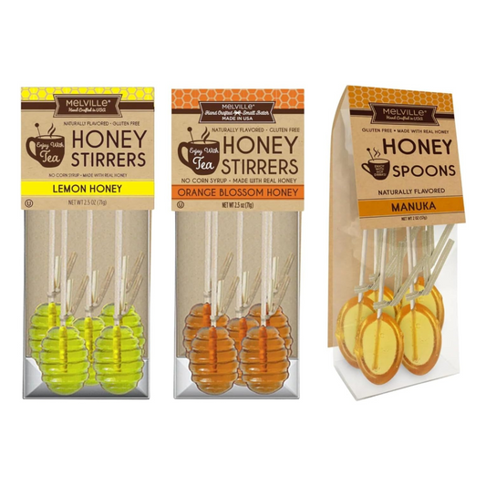 Melville Honey Spoon Bundle Pack of 3 Flavors - Honey Dipper, Manuka, Lemon, Orange Blossom - 15 Honey Spoons For Tea - Delicious Candy Spoons - Hard Candy Honey Spoons Lollipop On Wooden Ball Sticks