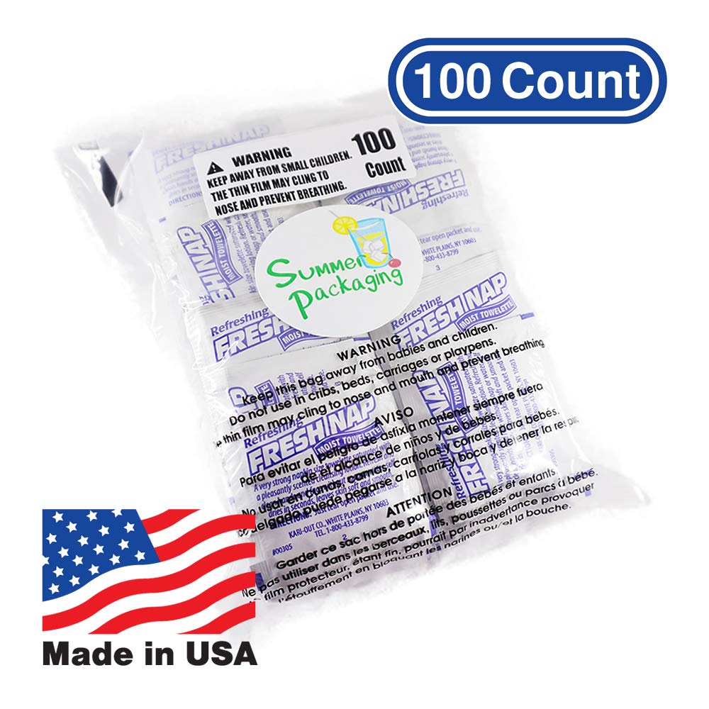 Sunset Moist Towelettes, Wet Wipe, Alcohol-free, Individually Wrapped, Lemon-scented, [100 ct, 2 Sealed Packages of 50 ct, 4.5"x 6.5"] Made in USA