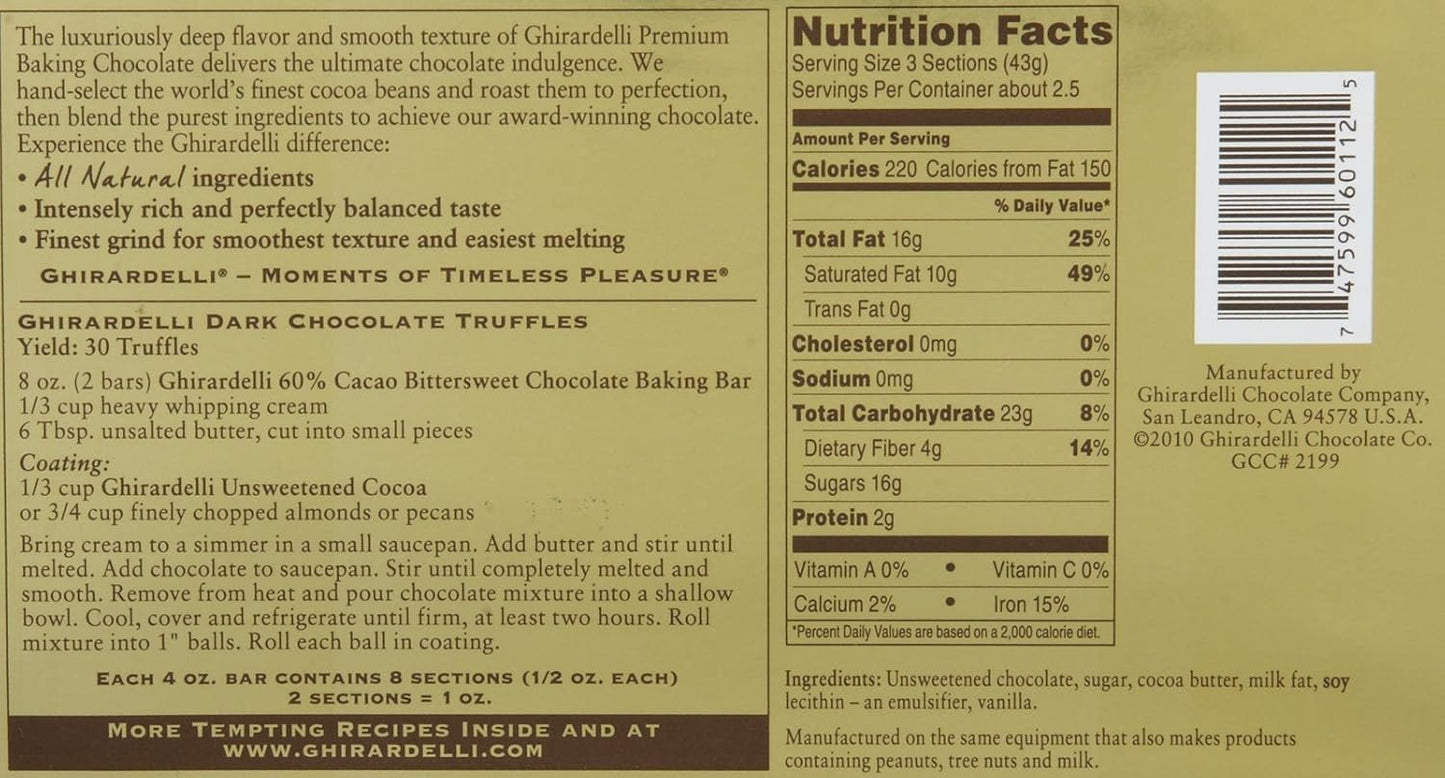 Ghirardelli Bitter Sweet Baking Bar, 60% Cacao, 4 oz, 3 pk