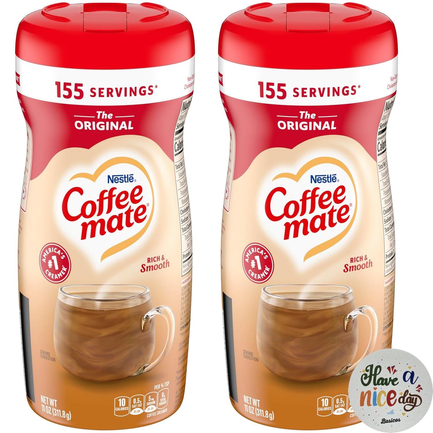 Coffee Mate Original Powdered Coffee Creamer 11 oz. 2-Pack Bundle with Basicos Coaster