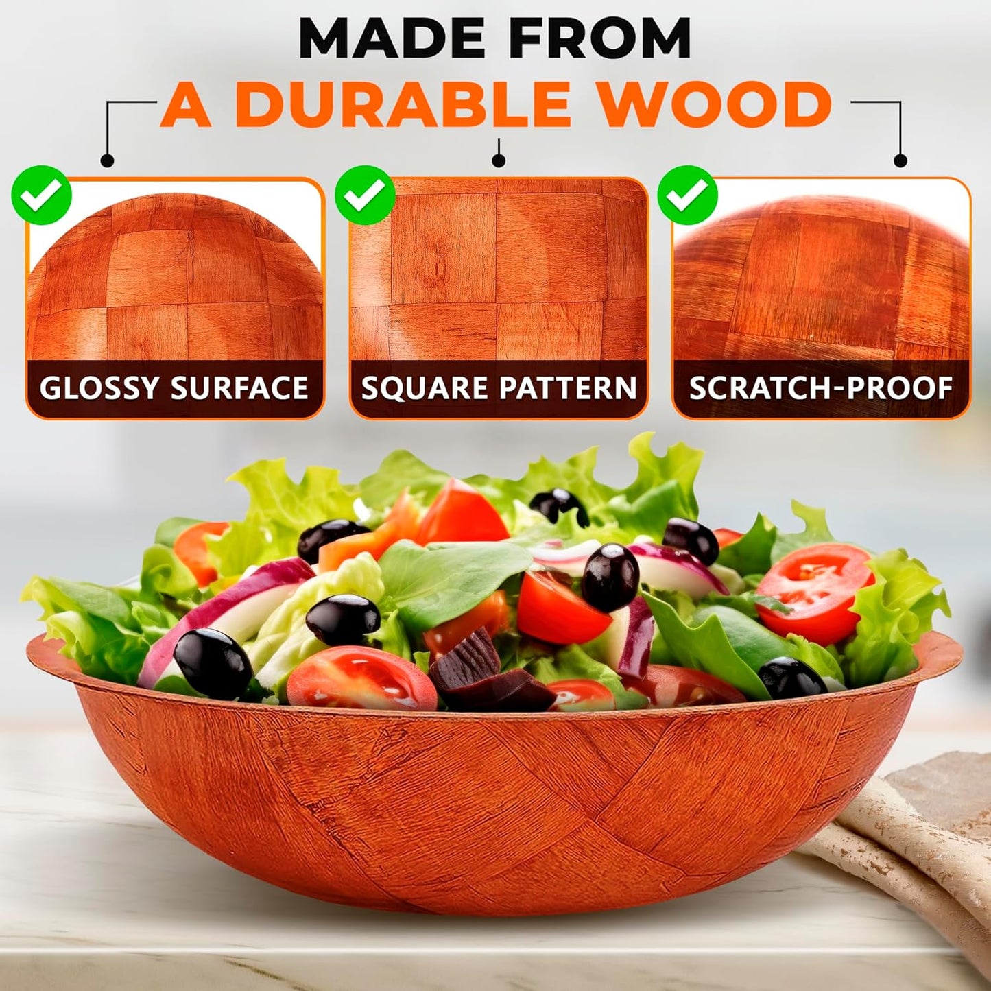 6Pcs Wooden Salad Bowl Set - 8 Inch Decorative Large Serving Bowls for Kitchen, Entertaining, Lunch - Small Snack, Soup, Fruit Bowls for Counter