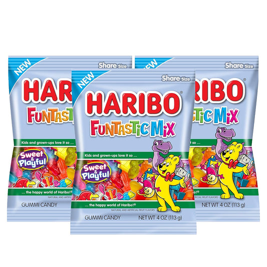 Haribo Funtastic Mix Share Size Gummy Candy-Sweet and Playful- Shapes Include Alligators, Frogs, Planes and Robots. Oodles of Shapes and Flavors!, 4 oz (3 Bags)