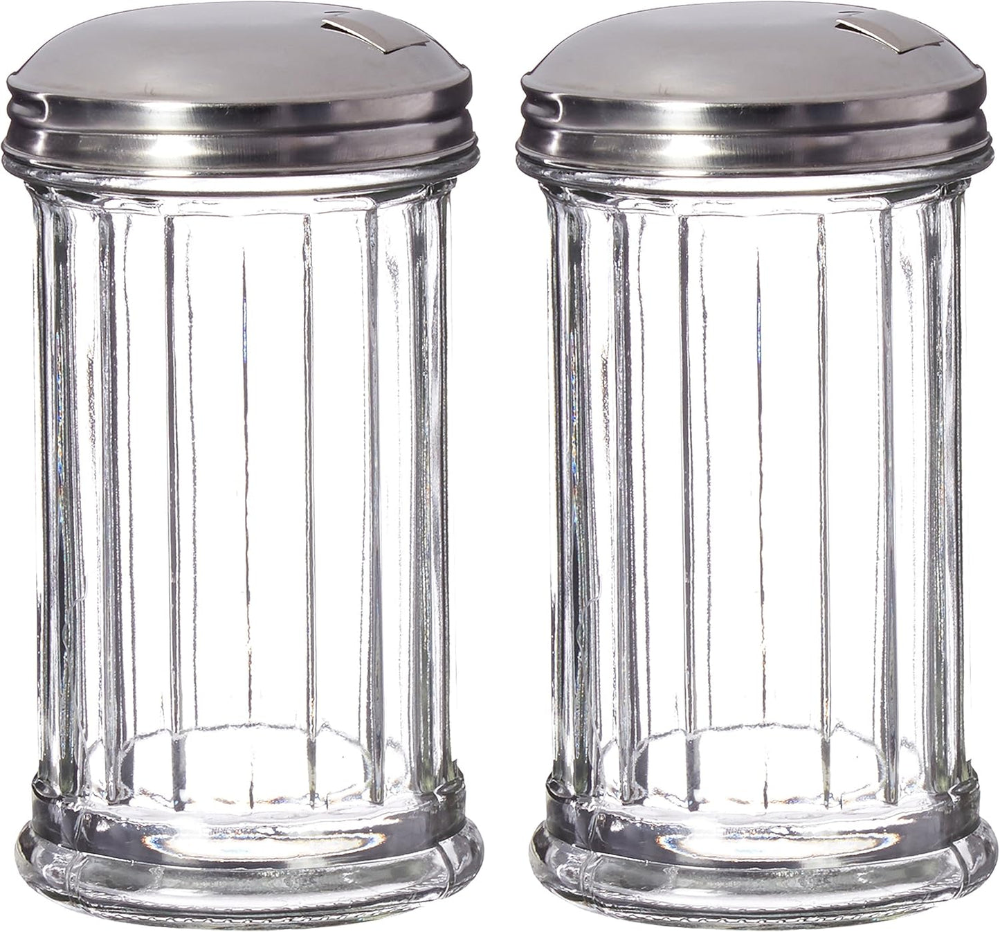 Update International Retro Style Sugar Dispenser/Pourer/Shaker, Glass Jar, Stainless Steel Pour-Flap Lid, 12 oz, Set of 2