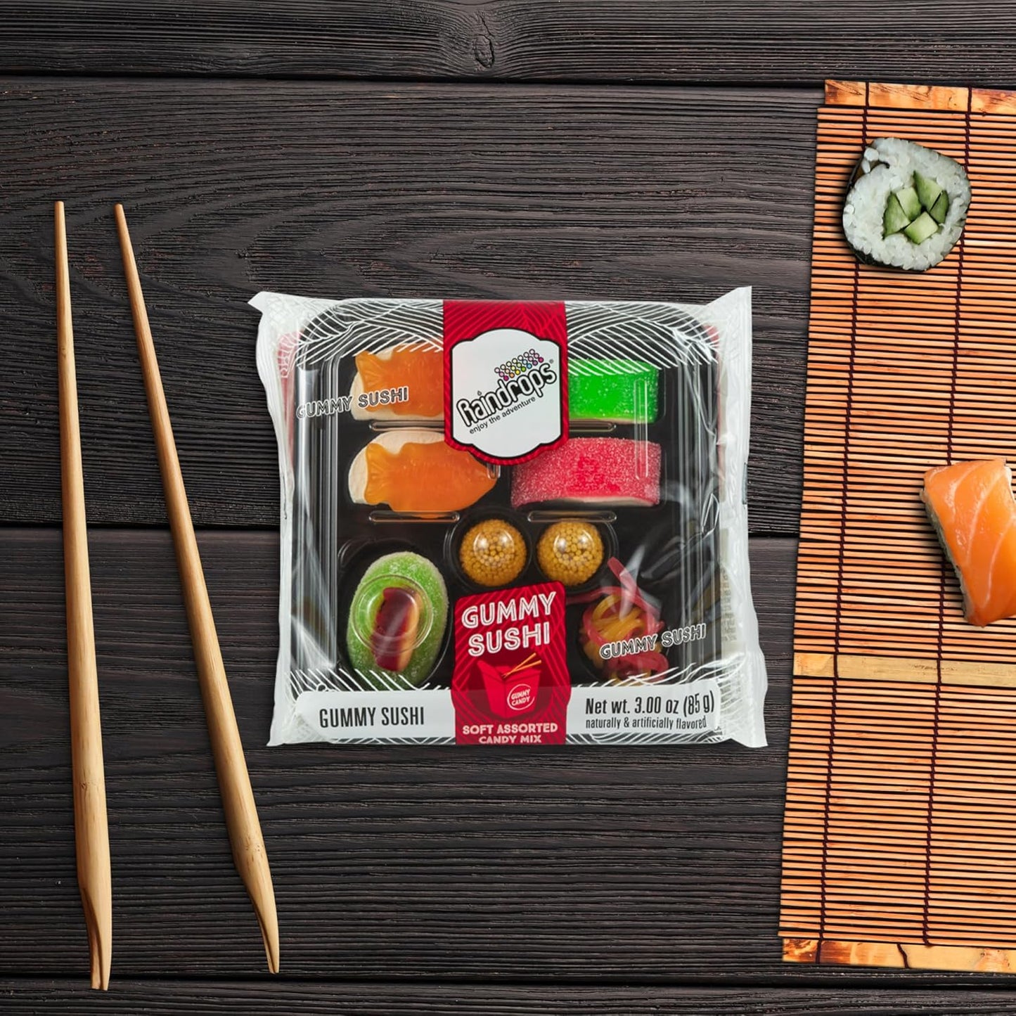 Raindrops - Gummy Candy Small Sushi Bento Box - Yummy Gummy Food Looks Just Like a Sushi - Mens Stocking Stuffer Ideas - (3.0 oz)