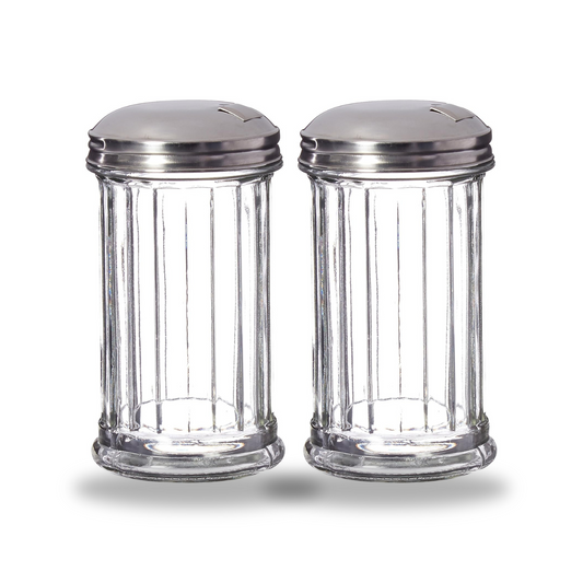 Update International Retro Style Sugar Dispenser/Pourer/Shaker, Glass Jar, Stainless Steel Pour-Flap Lid, 12 oz, Set of 2